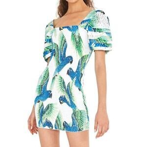 Farm Rio Women's Araras Smocked Puff Sleeve Mini Dress Large White Blue Green